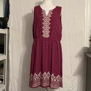 Market & Spruce Burgundy Midi Dress with White Embroidery